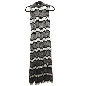 En Saison Crochet Chevron Maxi Dress Black Ivory Sleeveless Mock Neck NWT